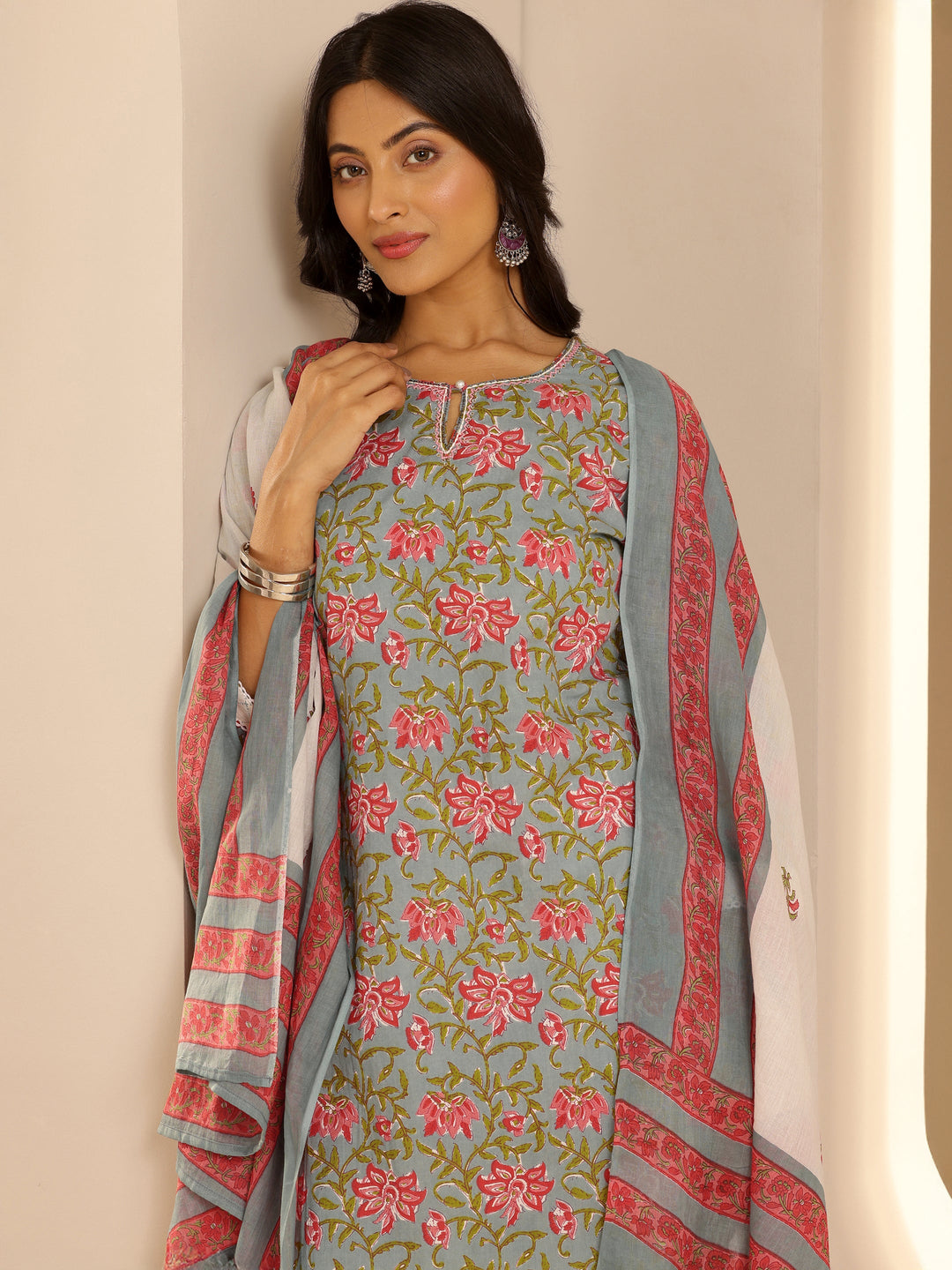 Blue Printed Cotton Straight Suit Set With Dupatta