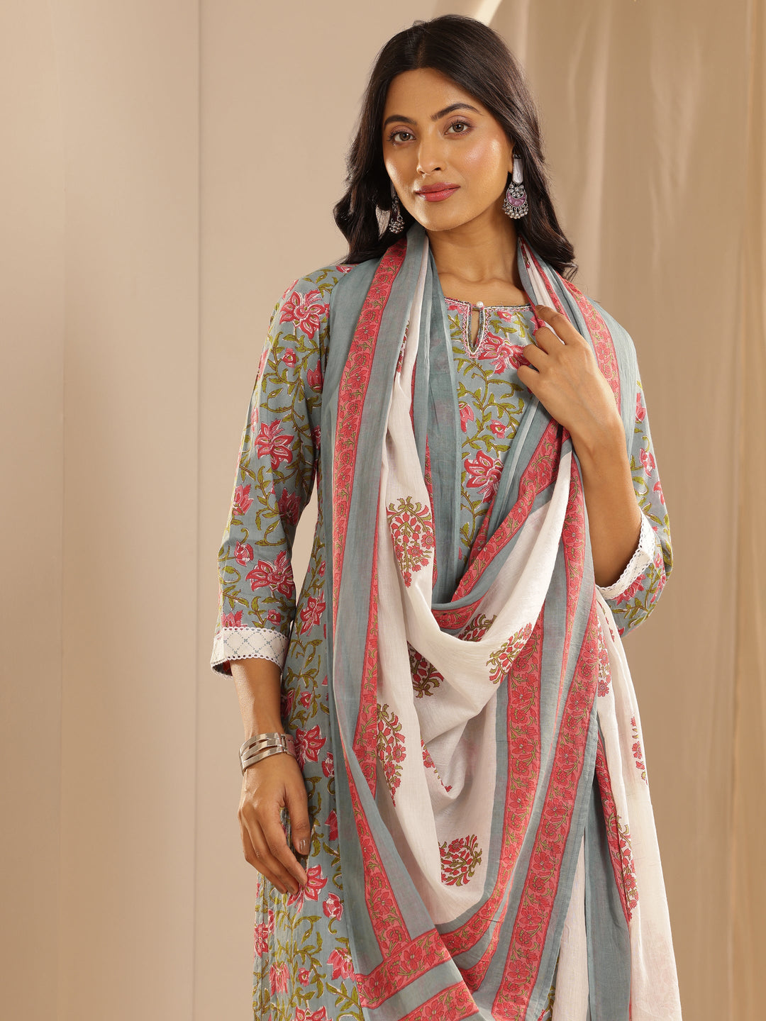 Blue Printed Cotton Straight Suit Set With Dupatta