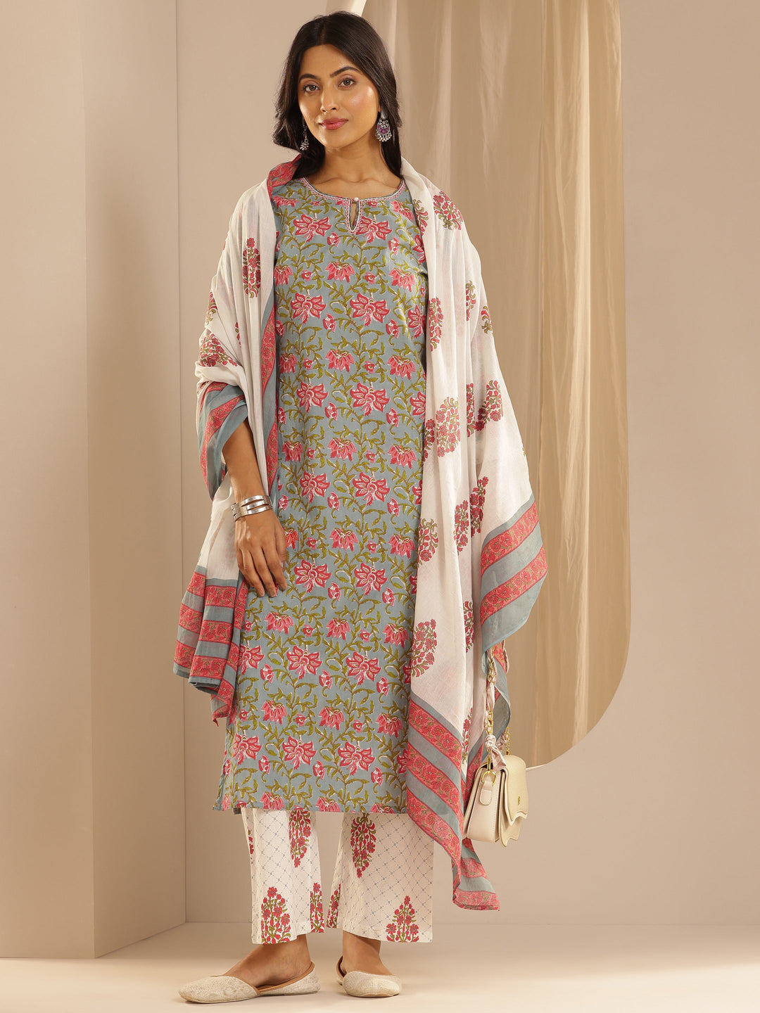 Blue Printed Cotton Straight Suit Set With Dupatta