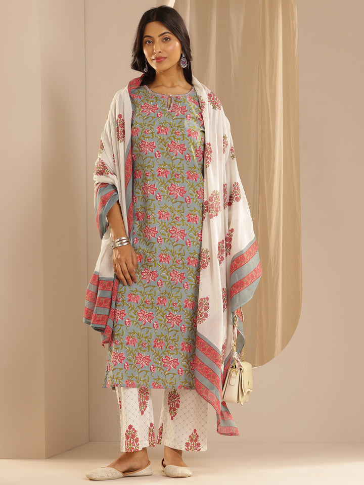 Blue Printed Cotton Straight Suit Set With Dupatta