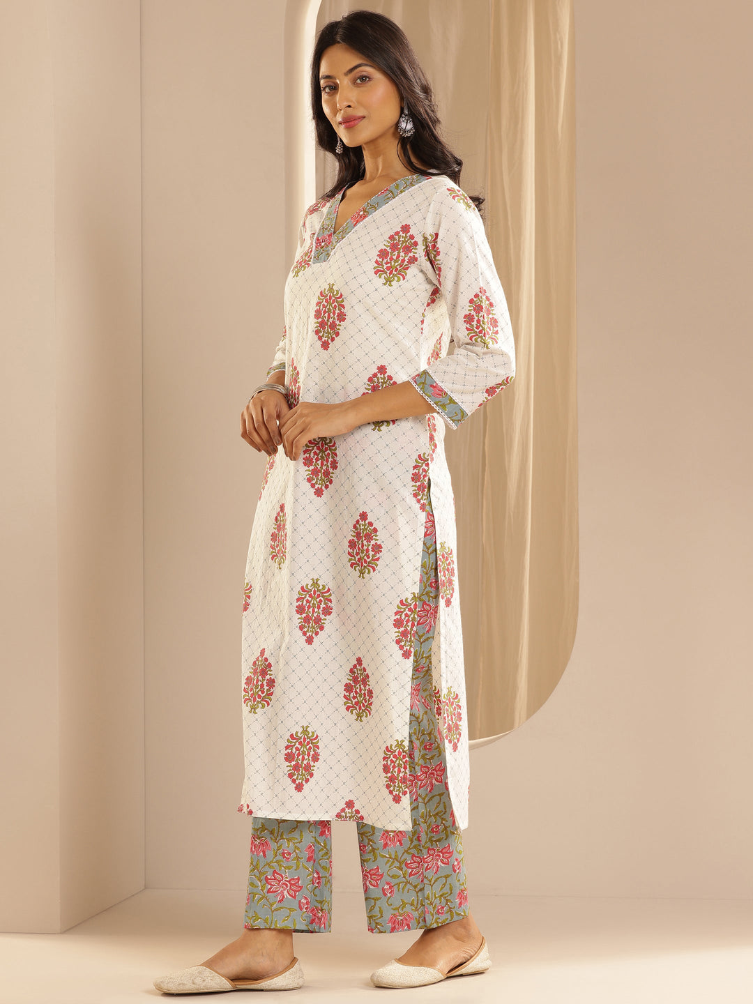 White Printed Cotton Straight Suit Set With Dupatta