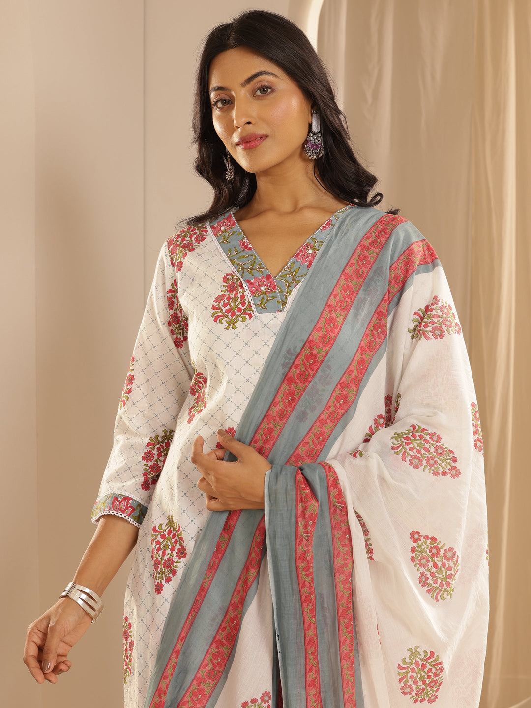 White Printed Cotton Straight Suit Set With Dupatta