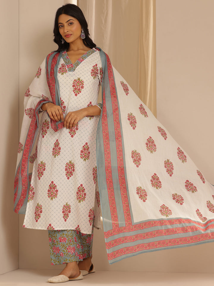 White Printed Cotton Straight Suit Set With Dupatta