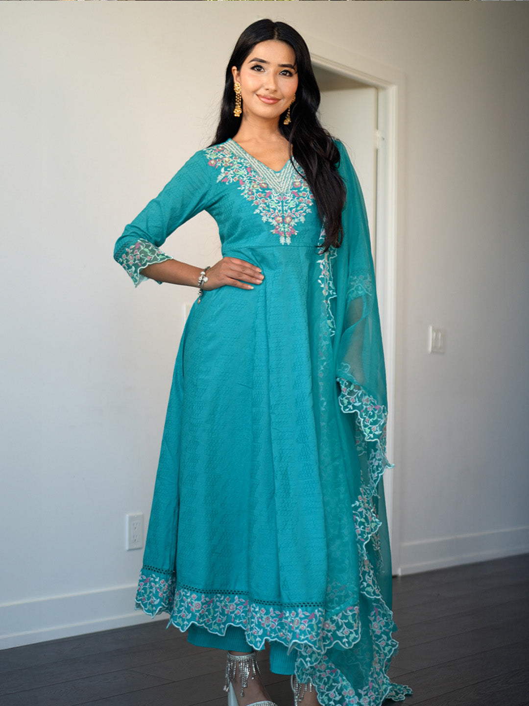 Blue Embroidered Cotton Anarkali Suit Set With Dupatta