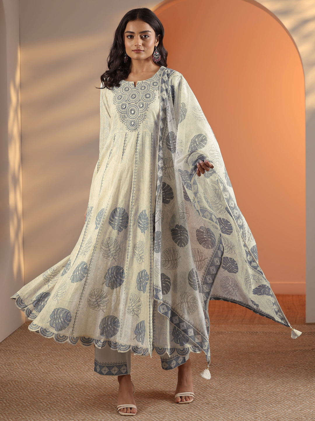 Off White Embroidered Cotton Anarkali Suit Set With Dupatta