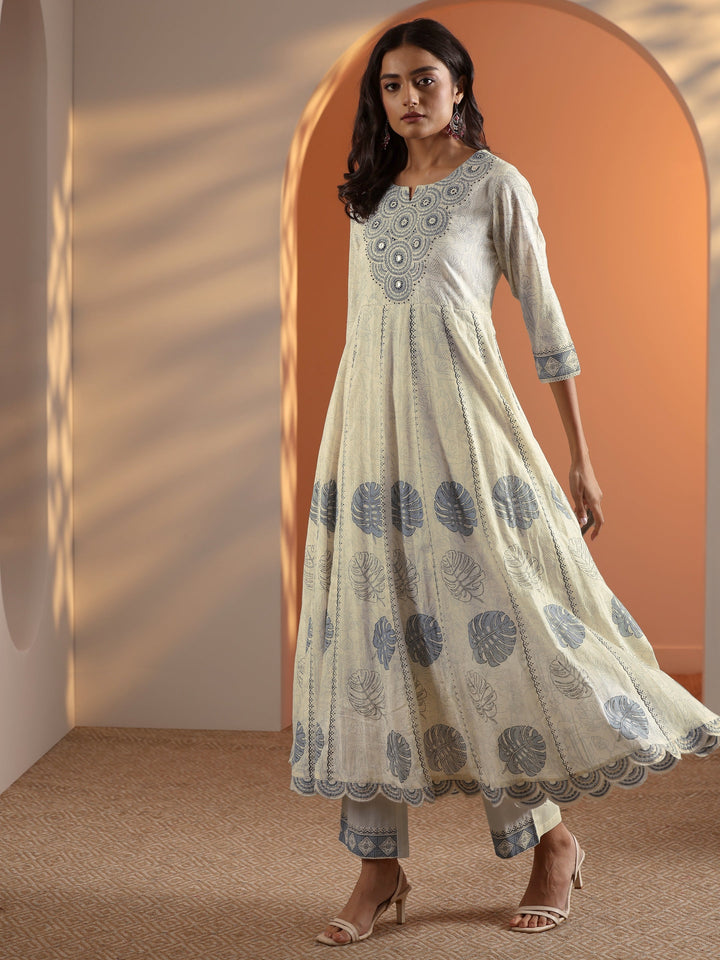 Off White Embroidered Cotton Anarkali Suit Set With Dupatta