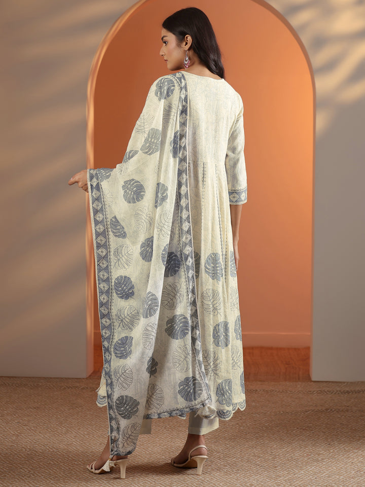 Off White Embroidered Cotton Anarkali Suit Set With Dupatta