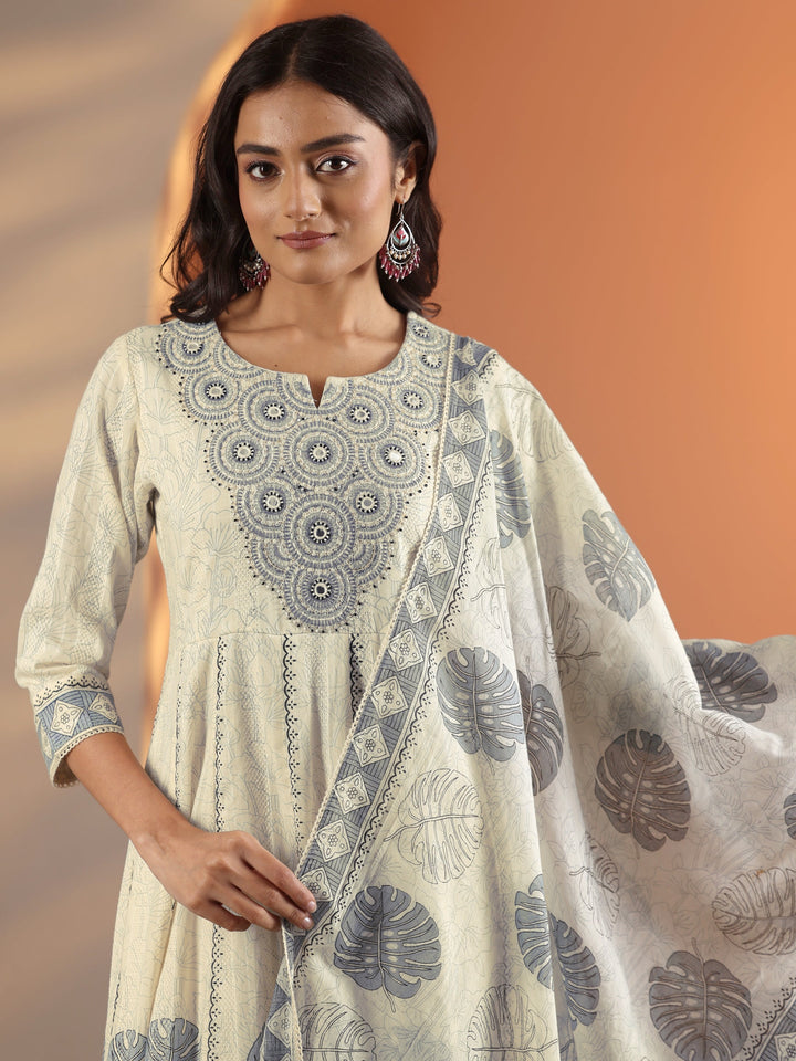 Off White Embroidered Cotton Anarkali Suit Set With Dupatta