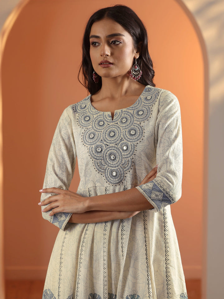 Off White Embroidered Cotton Anarkali Suit Set With Dupatta