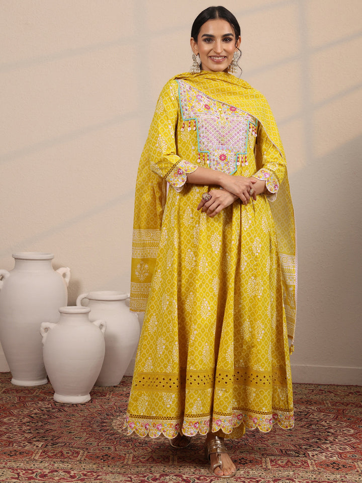 Yellow Printed Cotton Blend  Anarkali Suit Set With Dupatta