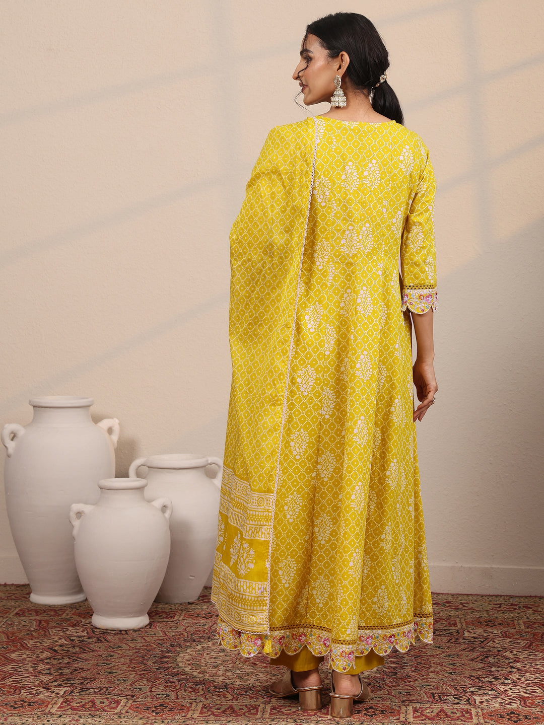 Yellow Printed Cotton Blend  Anarkali Suit Set With Dupatta