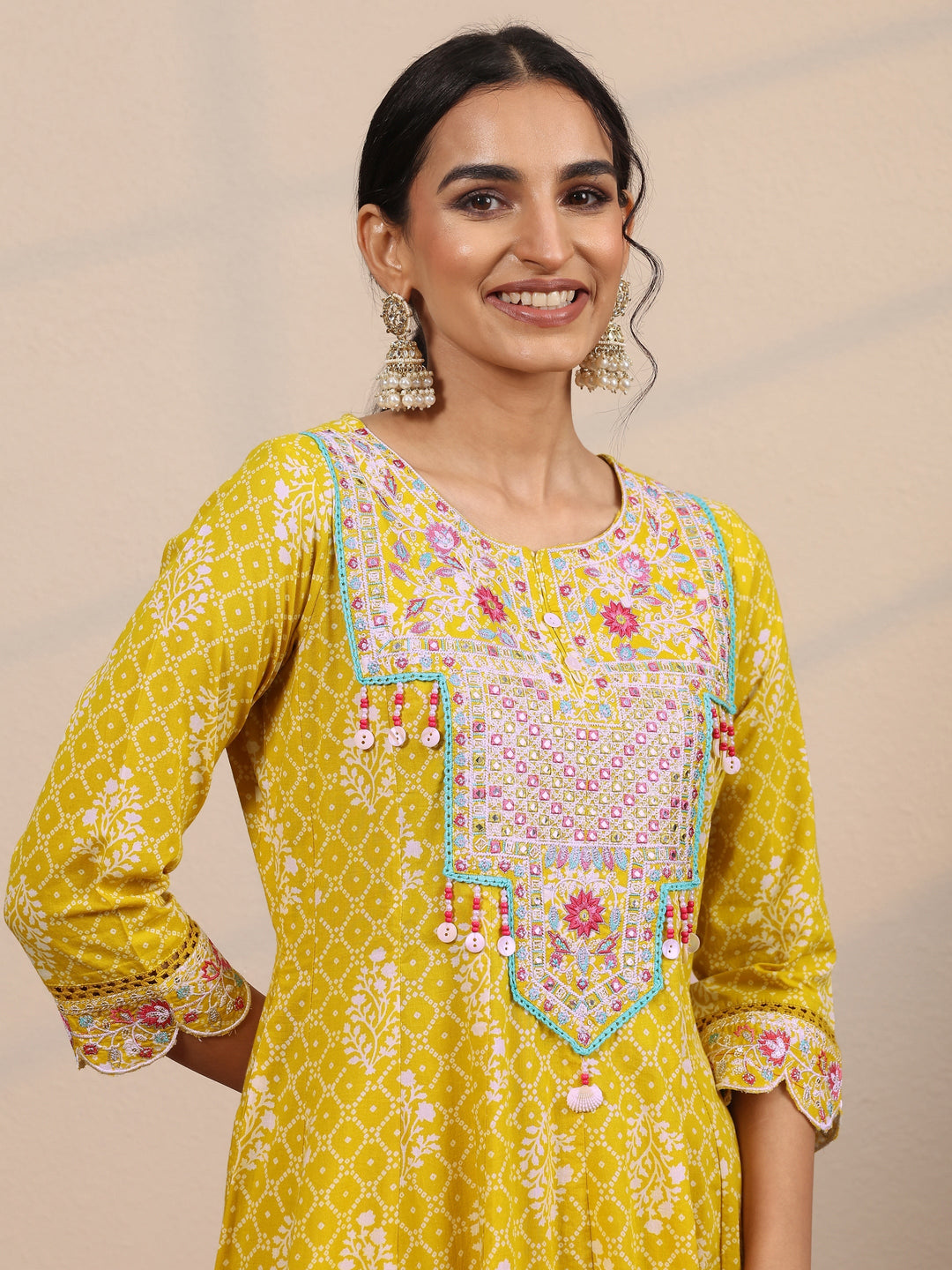 Yellow Printed Cotton Blend  Anarkali Suit Set With Dupatta