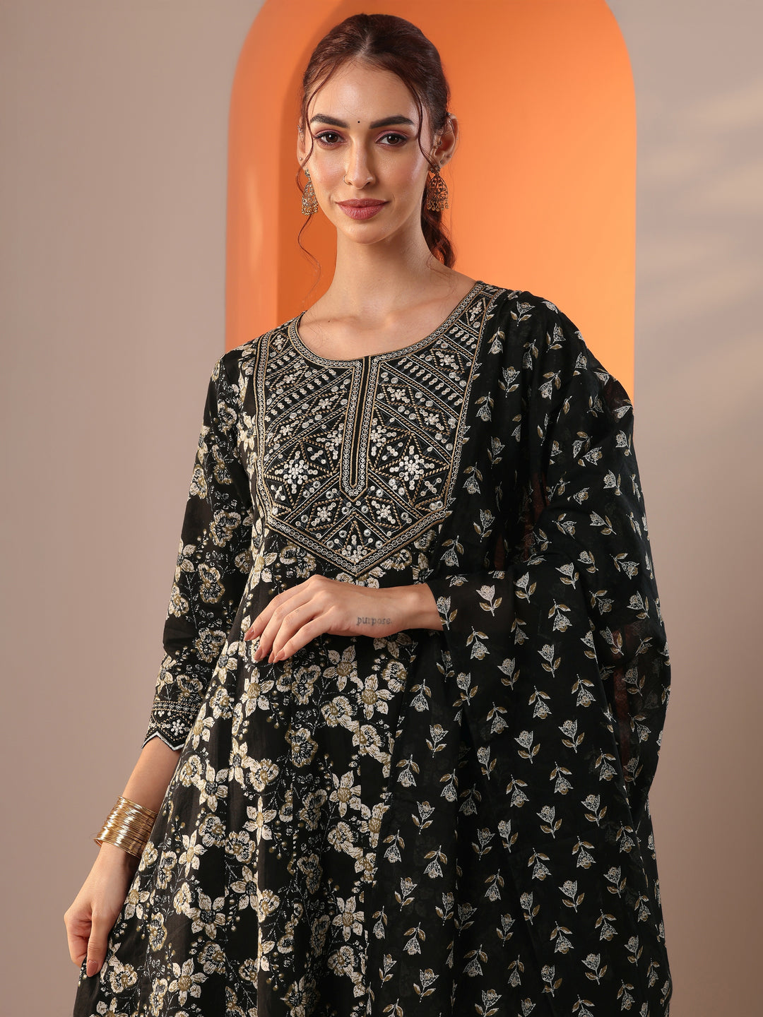 Black Printed Cotton Anarkali Suit Set With Dupatta