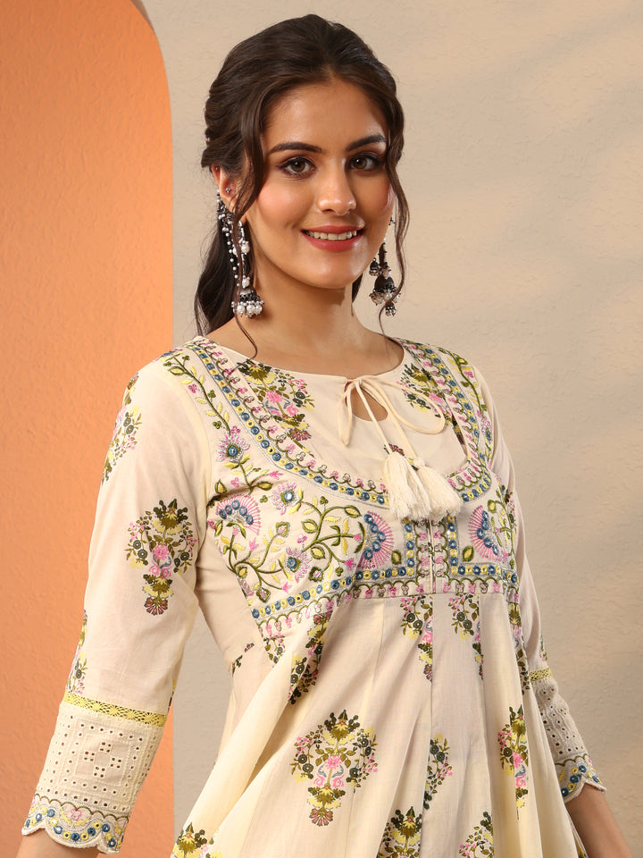 Off White Printed Cotton Anarkali Suit Set With Dupatta