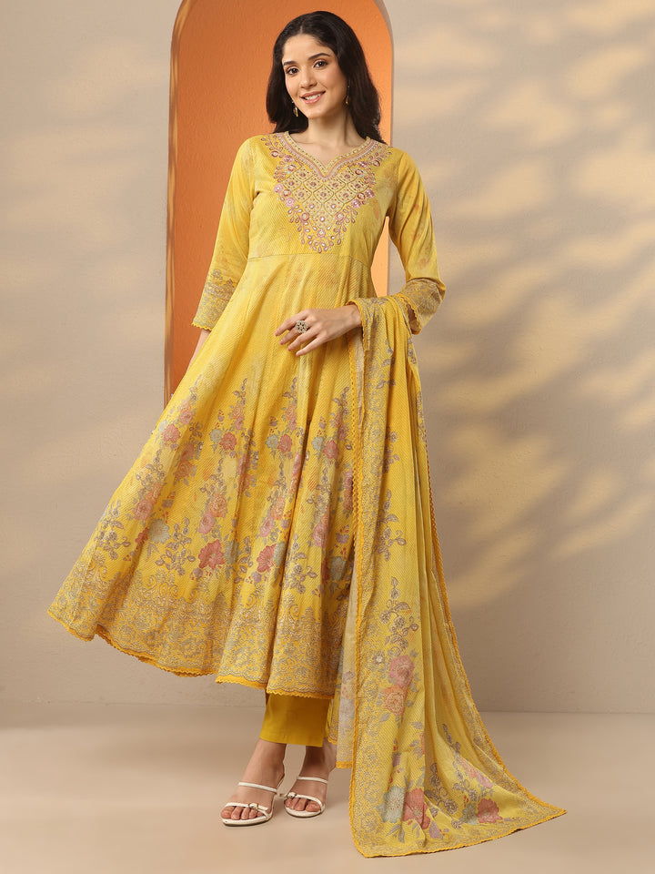 Libas Mustard Printed Cotton Anarkali Suit Set With Dupatta