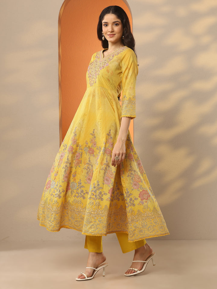 Libas Mustard Printed Cotton Anarkali Suit Set With Dupatta