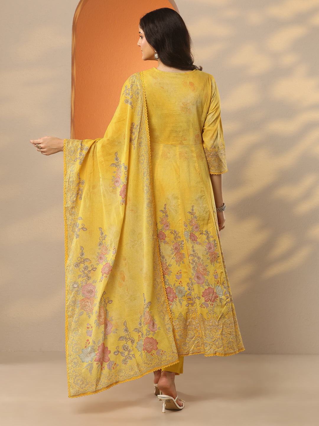 Libas Mustard Printed Cotton Anarkali Suit Set With Dupatta