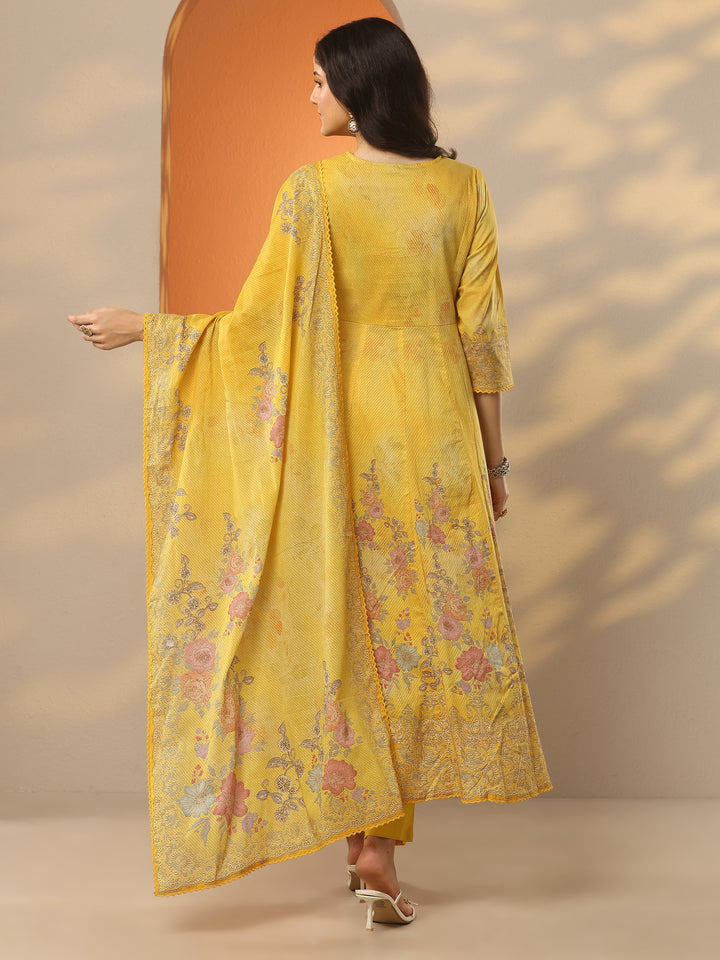 Libas Mustard Printed Cotton Anarkali Suit Set With Dupatta
