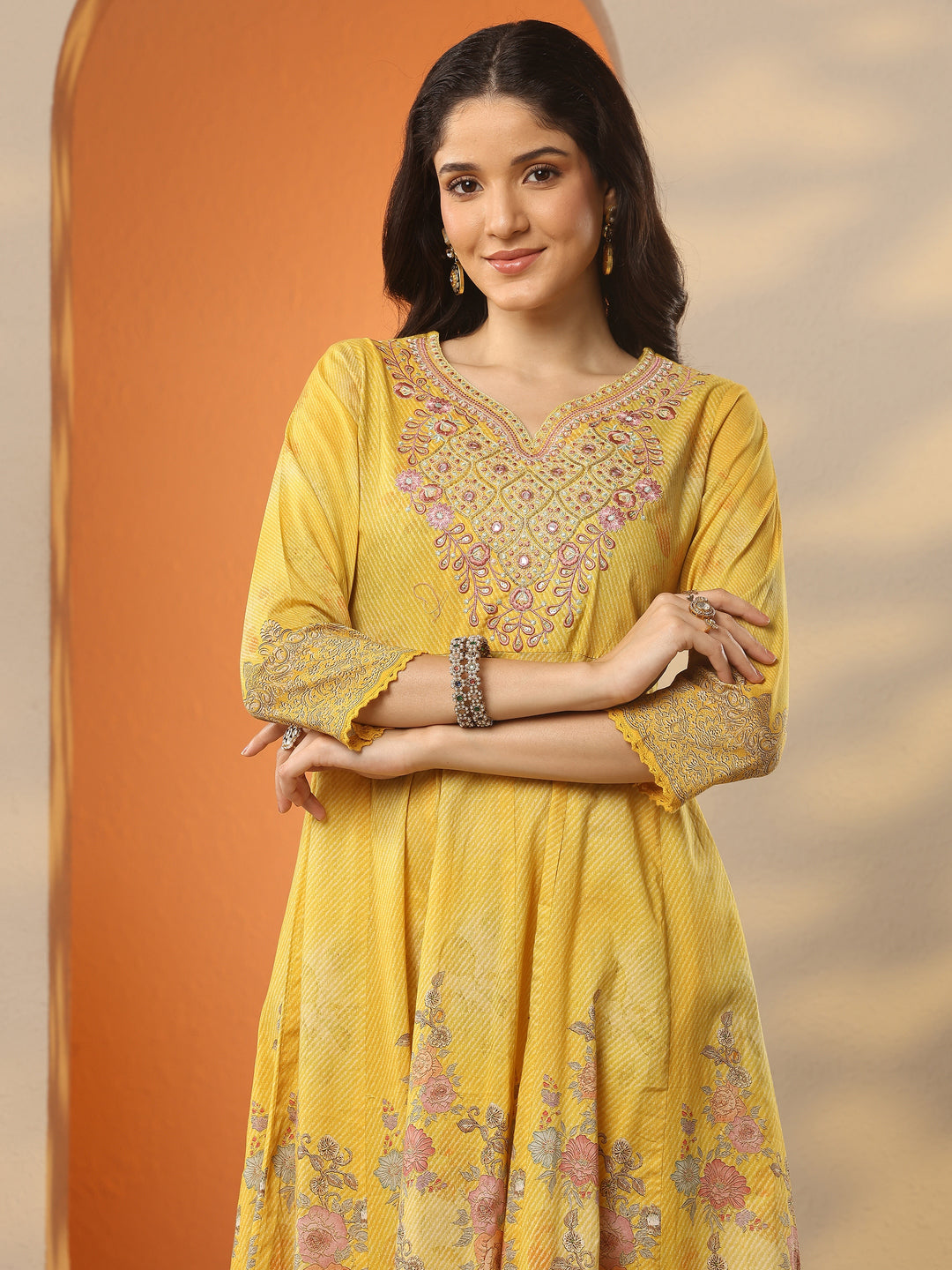 Libas Mustard Printed Cotton Anarkali Suit Set With Dupatta
