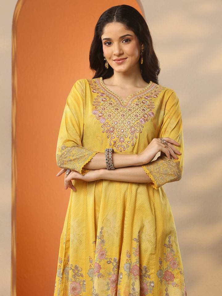 Libas Mustard Printed Cotton Anarkali Suit Set With Dupatta
