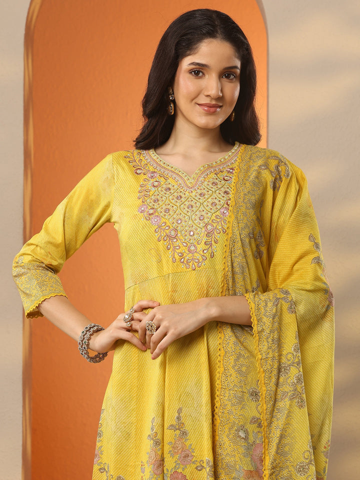 Mustard Printed Cotton Anarkali Suit Set With Dupatta