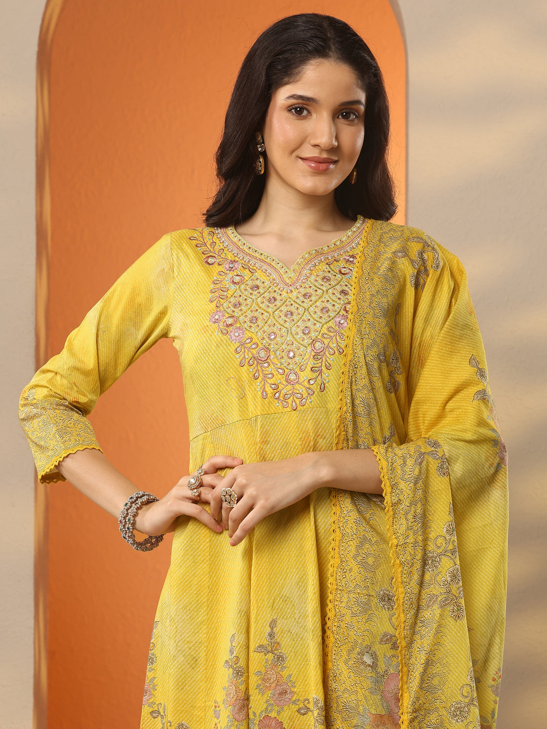 Libas Mustard Printed Cotton Anarkali Suit Set With Dupatta