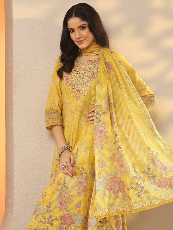 Libas Mustard Printed Cotton Anarkali Suit Set With Dupatta