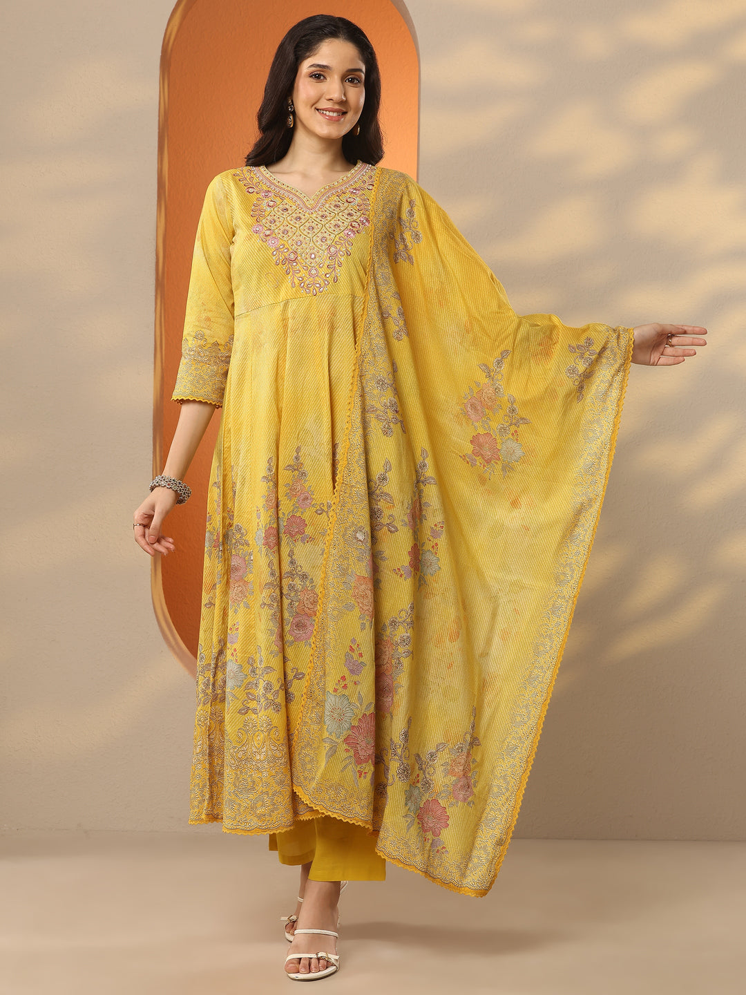 Libas Mustard Printed Cotton Anarkali Suit Set With Dupatta