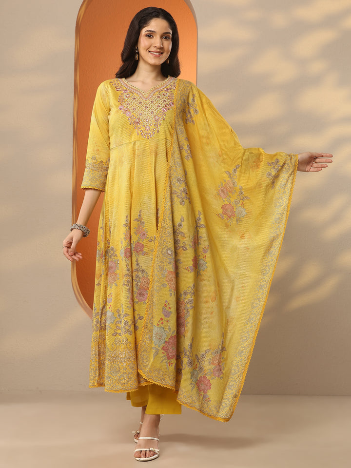 Libas Mustard Printed Cotton Anarkali Suit Set With Dupatta