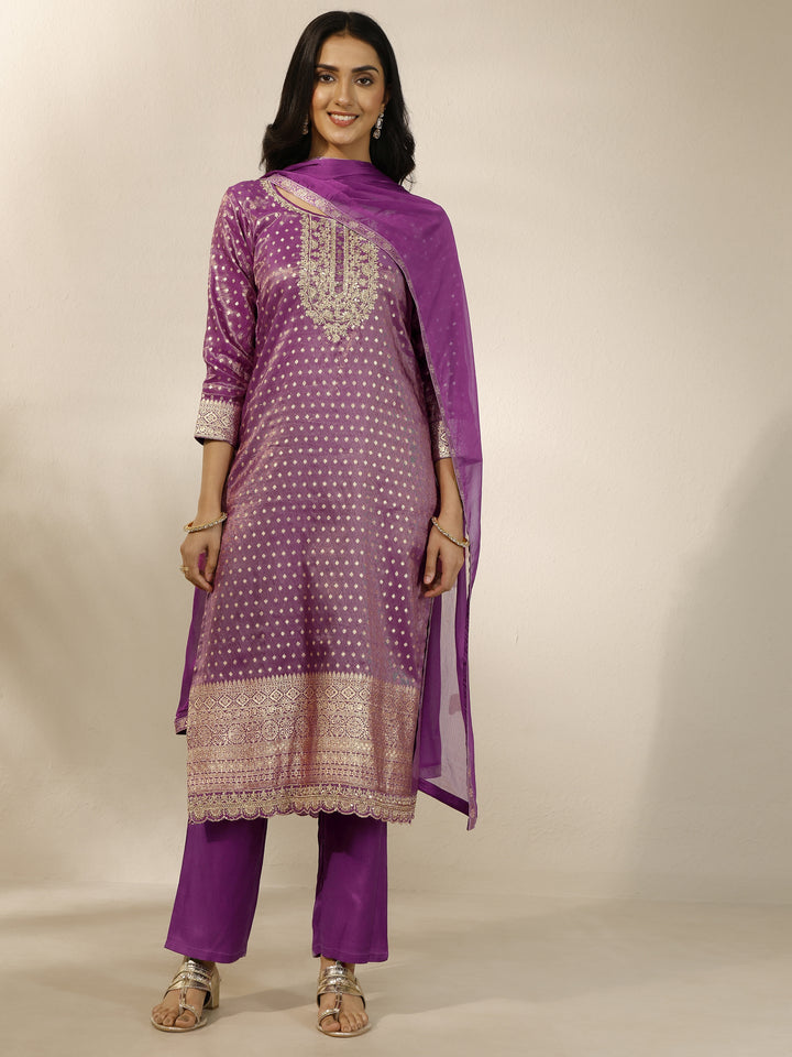 Purple Embroidered Silk Blend Straight Suit Set With Dupatta
