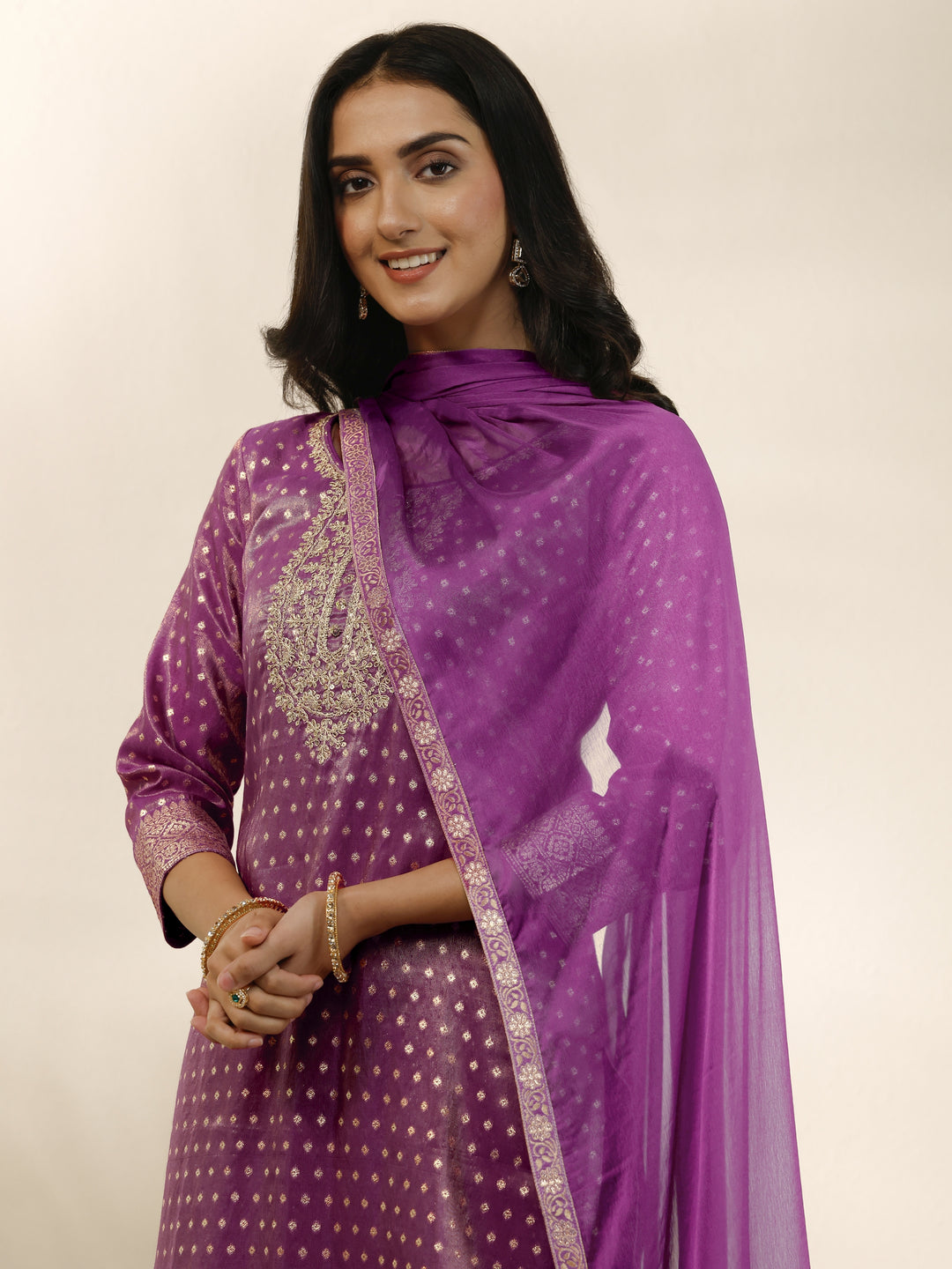 Purple Embroidered Silk Blend Straight Suit Set With Dupatta