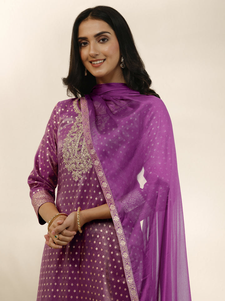 Purple Embroidered Silk Blend Straight Suit Set With Dupatta
