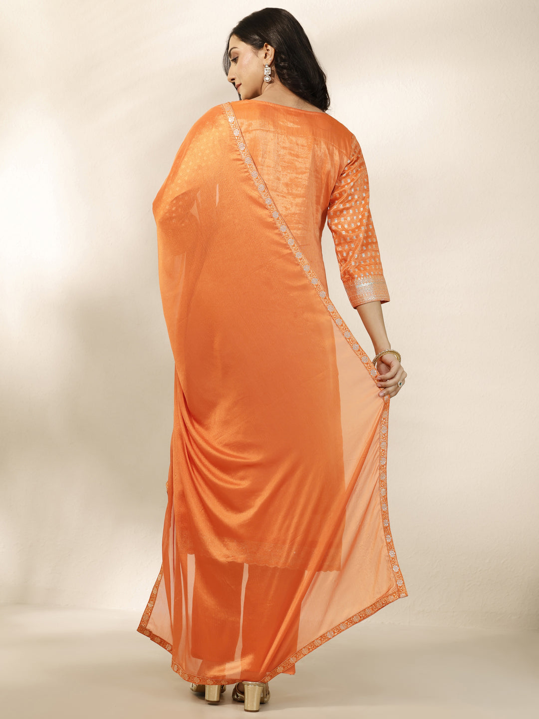 Orange Woven Design Silk Blend Straight Suit Set With Dupatta