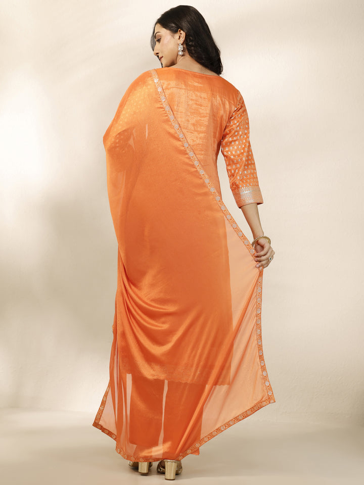 Orange Woven Design Silk Blend Straight Suit Set With Dupatta