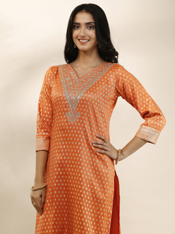 Orange Woven Design Silk Blend Straight Suit Set With Dupatta
