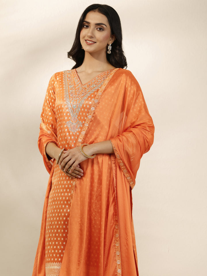 Orange Woven Design Silk Blend Straight Suit Set With Dupatta