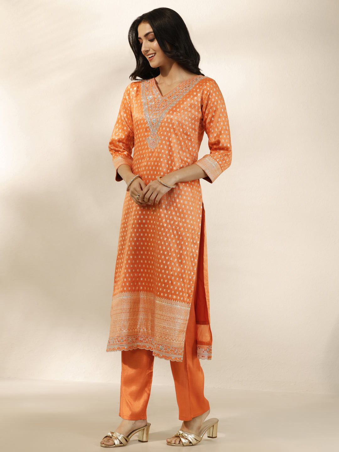 Orange Woven Design Silk Blend Straight Suit Set With Dupatta