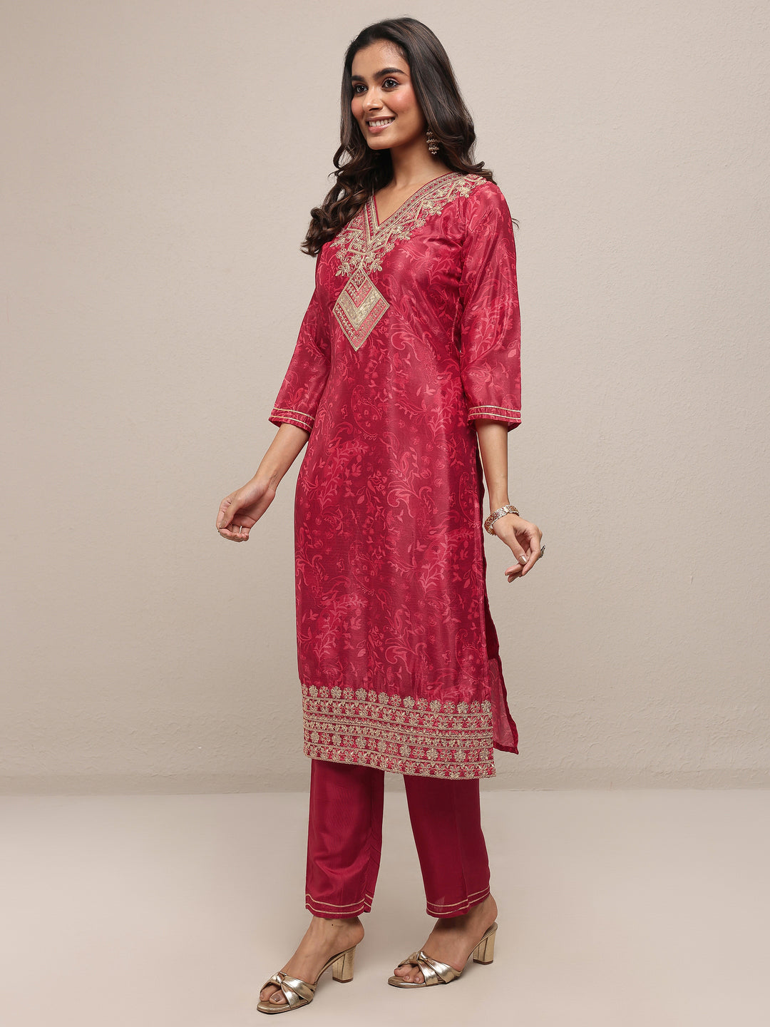 Red Embroidered Chinon Straight Suit Set With Dupatta