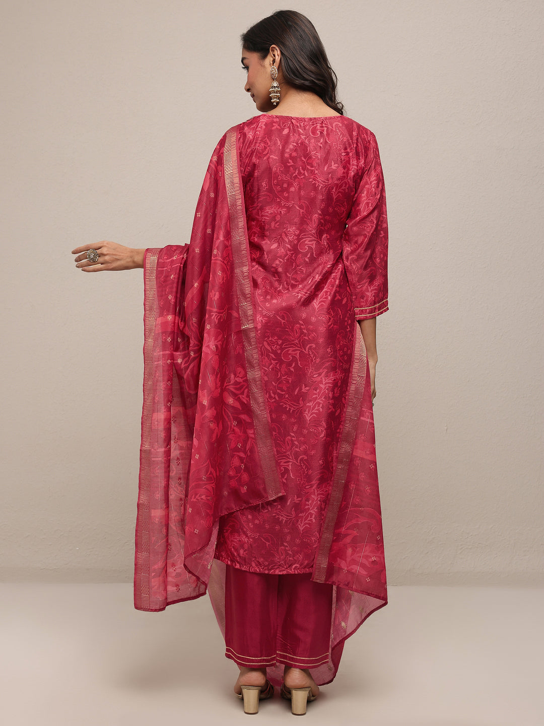 Red Embroidered Chinon Straight Suit Set With Dupatta