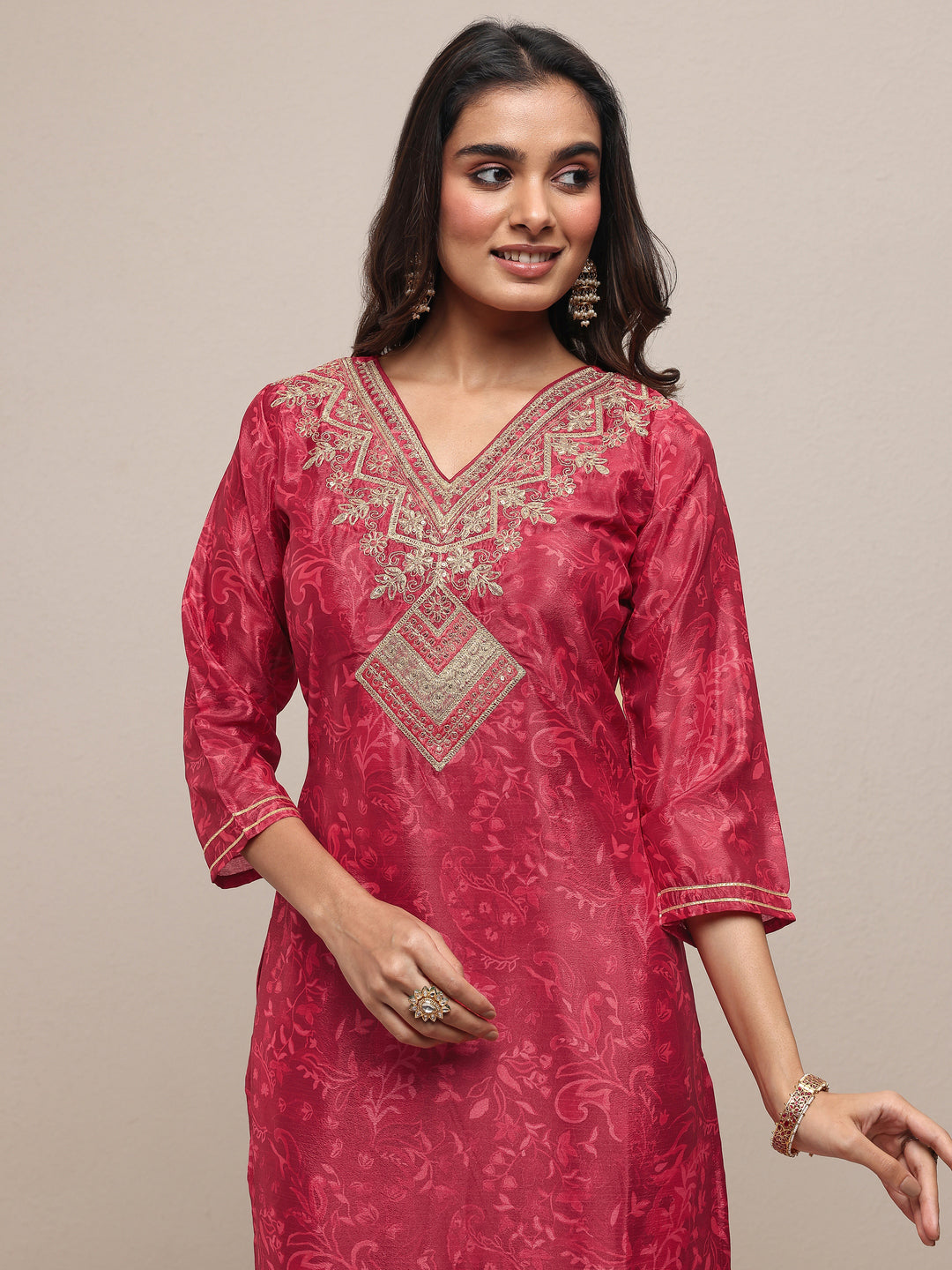 Red Embroidered Chinon Straight Suit Set With Dupatta