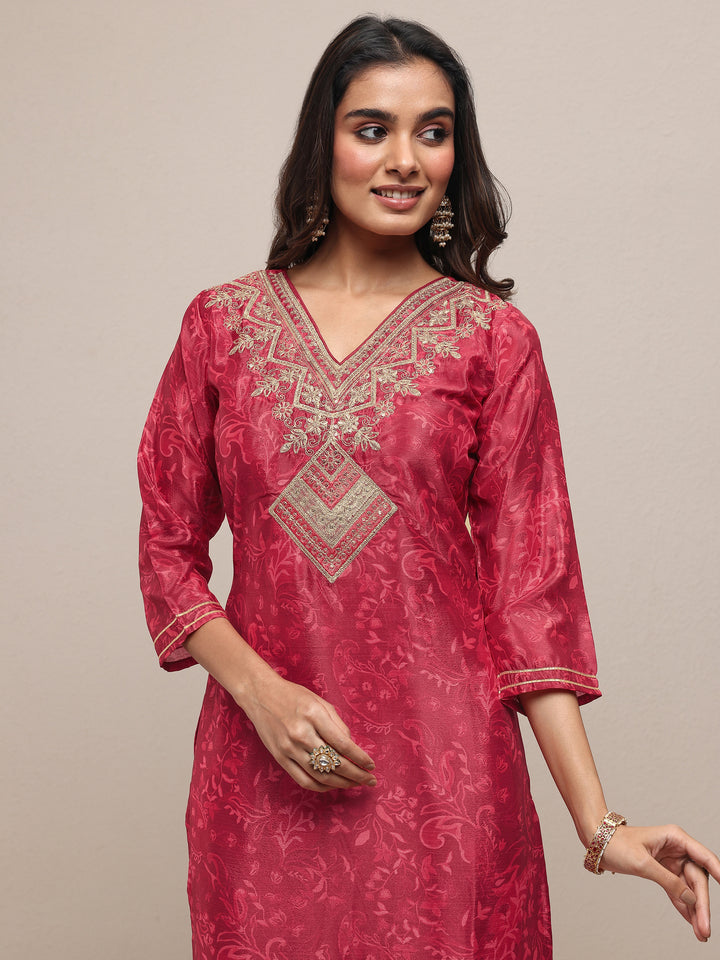 Red Embroidered Chinon Straight Suit Set With Dupatta