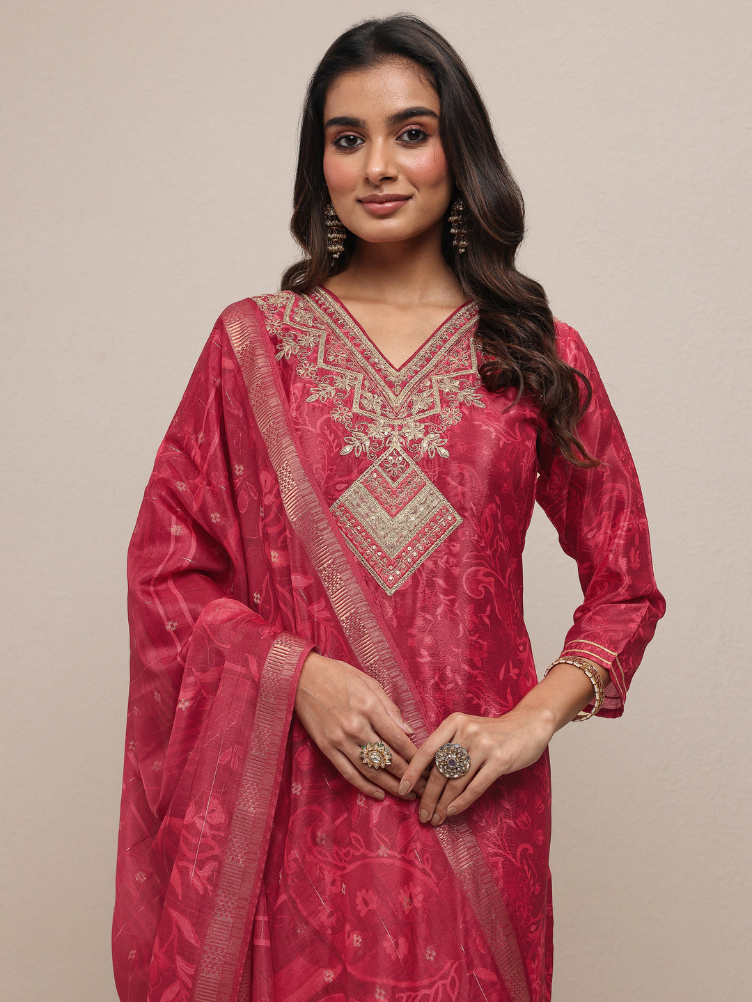Red Embroidered Chinon Straight Suit Set With Dupatta