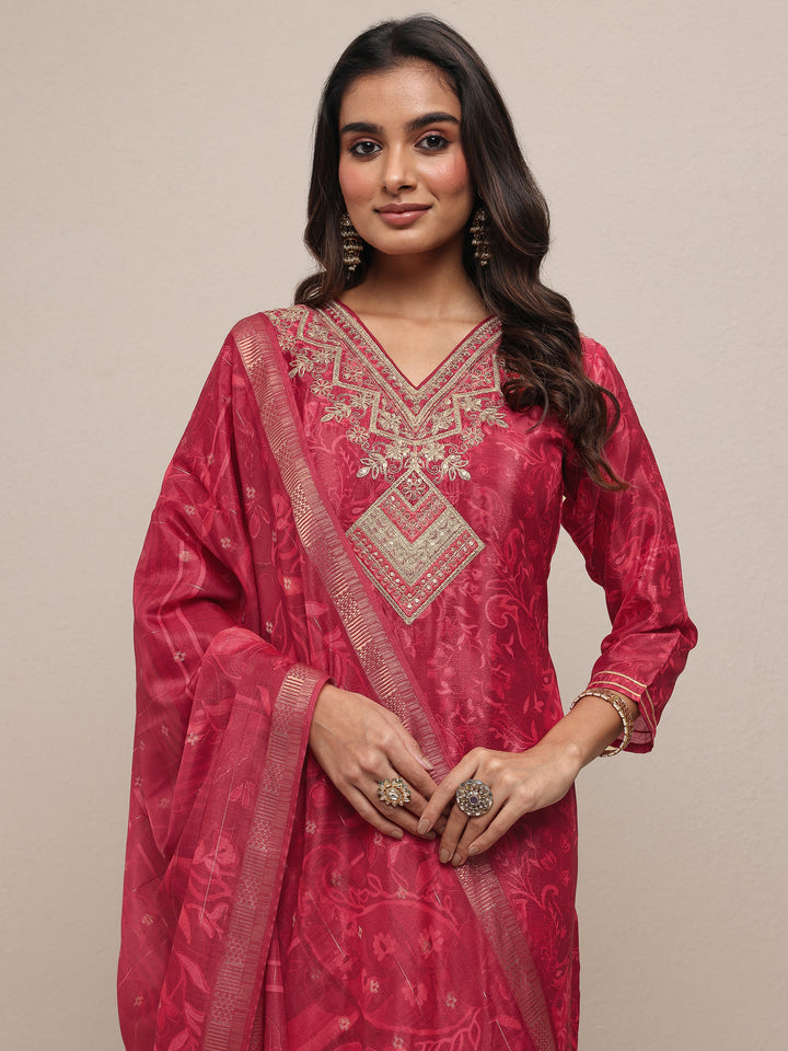 Red Embroidered Chinon Straight Suit Set With Dupatta