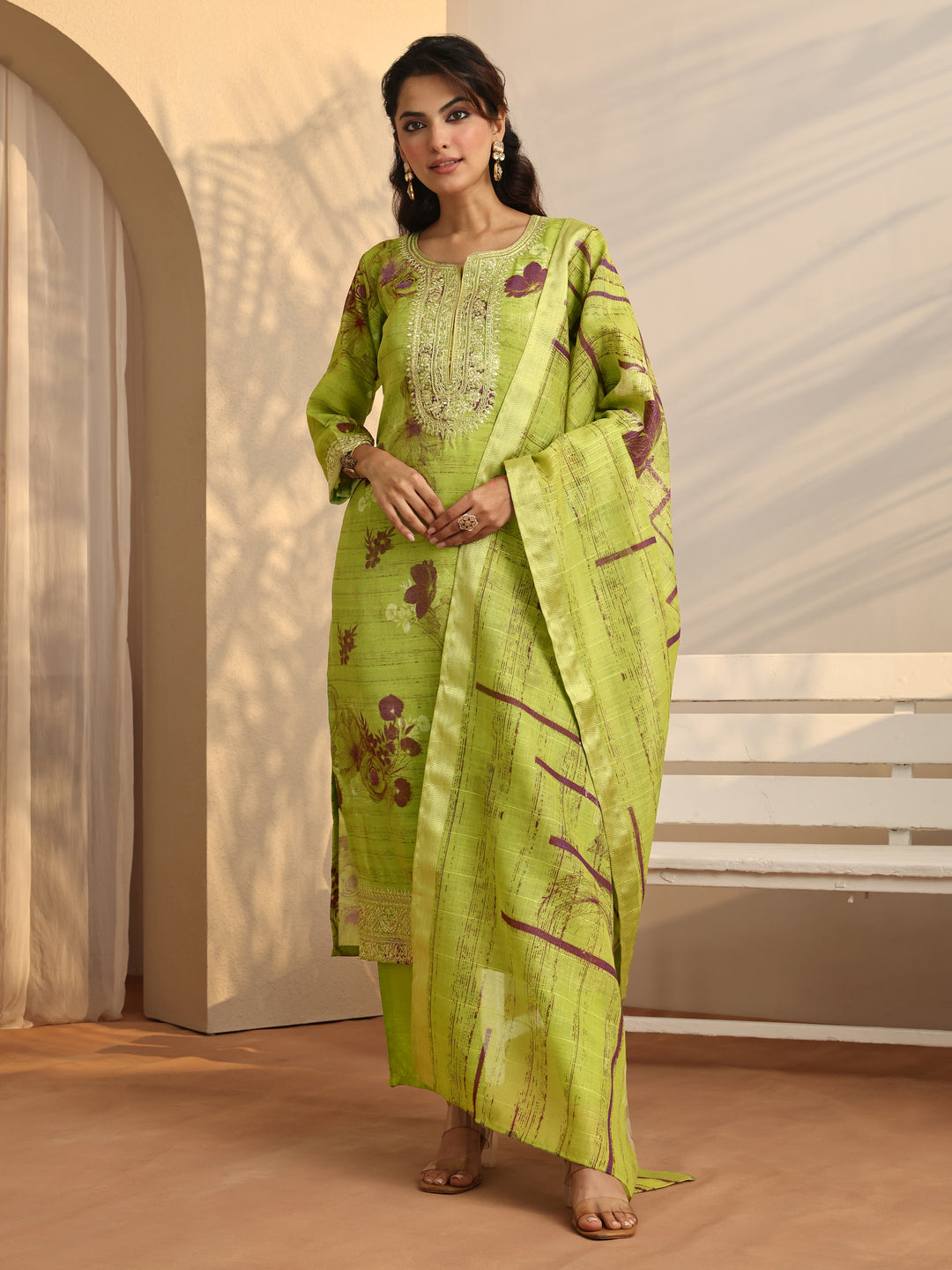 Green Printed Silk Blend Straight Suit Set With Dupatta