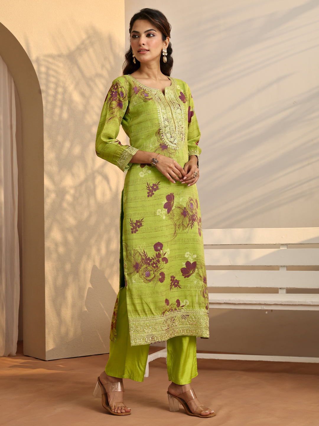 Green Printed Silk Blend Straight Suit Set With Dupatta