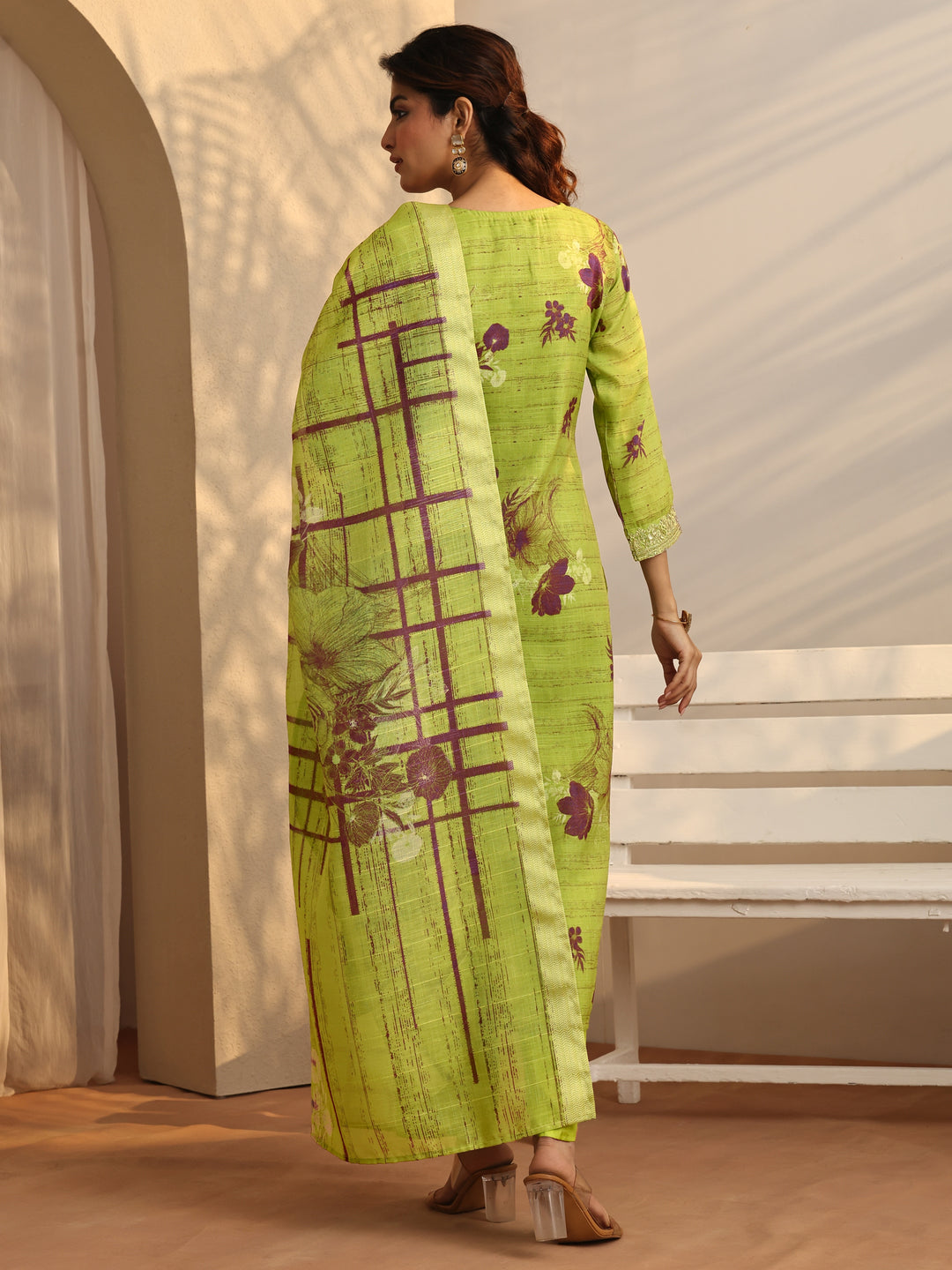 Green Printed Silk Blend Straight Suit Set With Dupatta