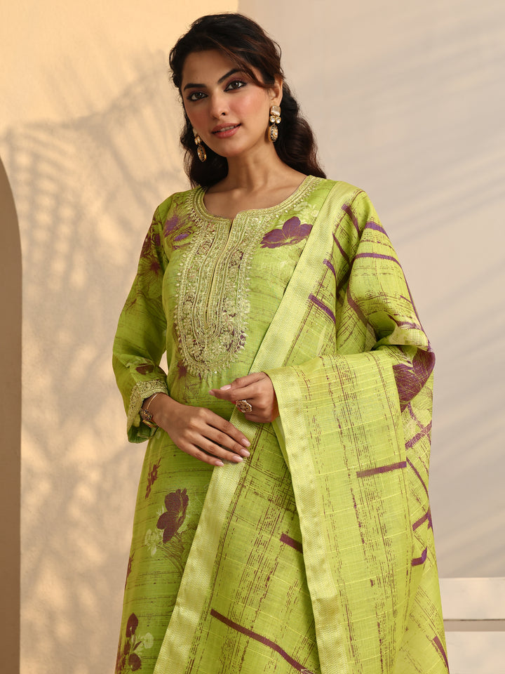 Green Printed Silk Blend Straight Suit Set With Dupatta