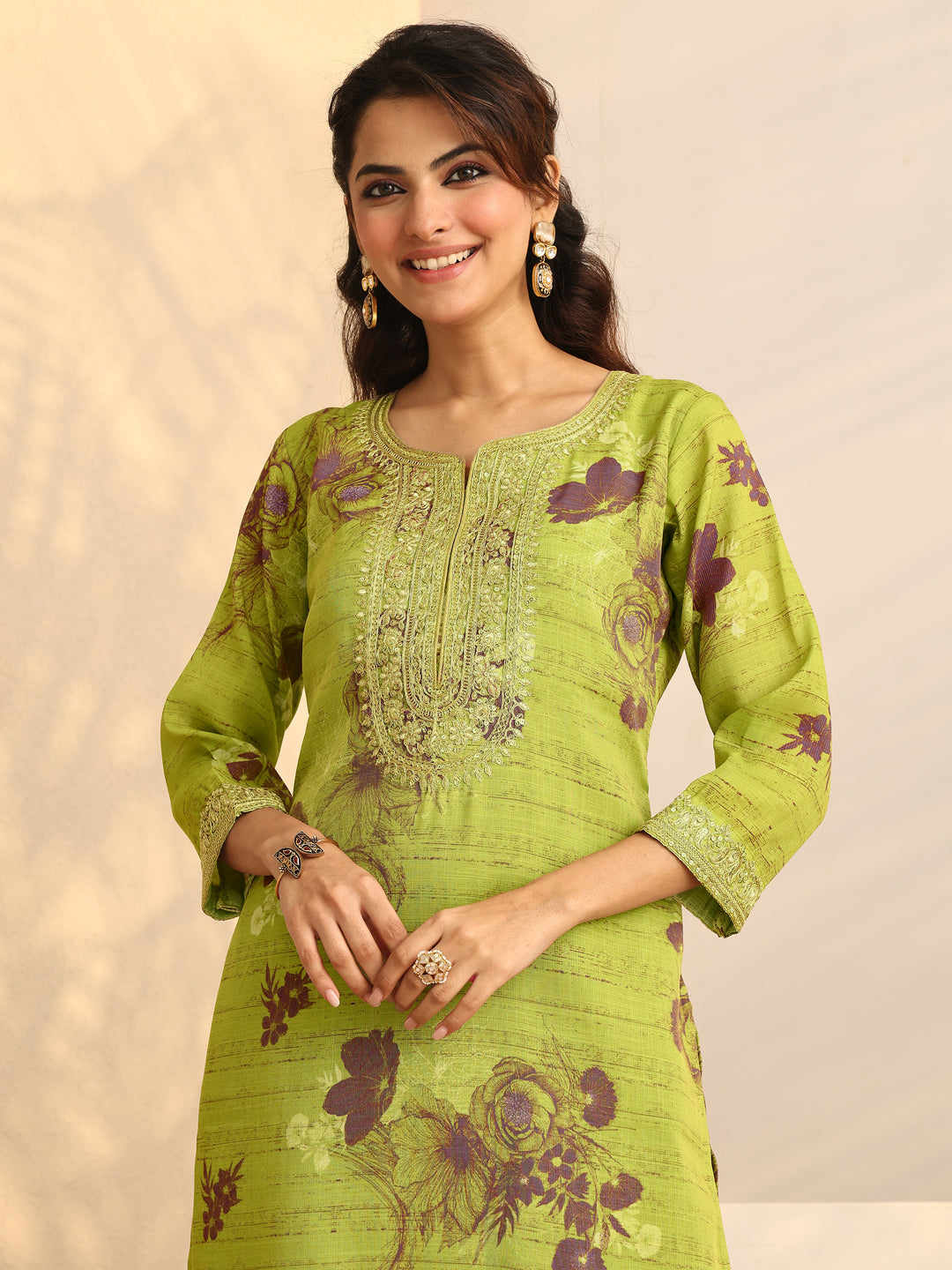 Green Printed Silk Blend Straight Suit Set With Dupatta