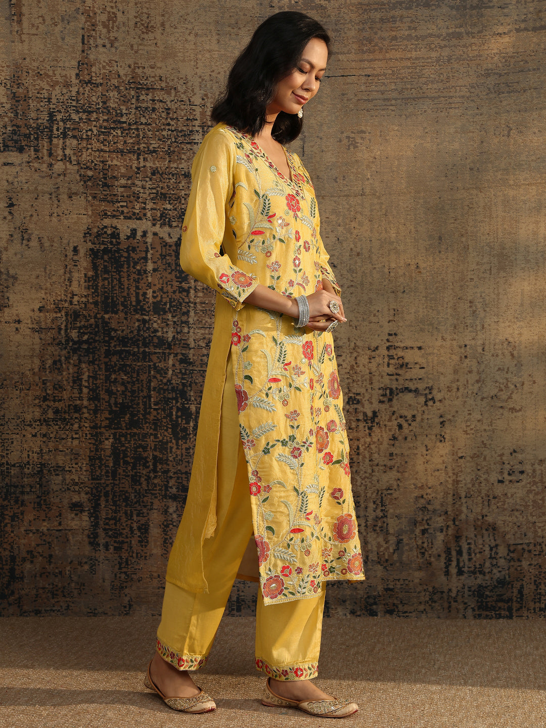 Yellow Embroidered Organza Straight Suit Set With Dupatta