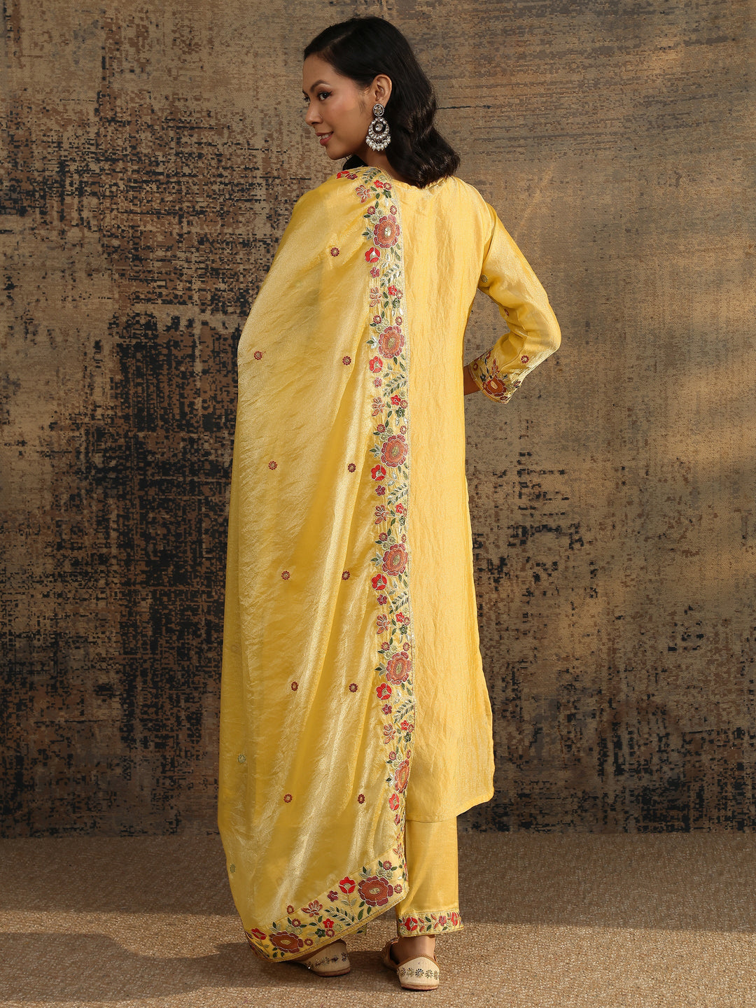 Yellow Embroidered Organza Straight Suit Set With Dupatta